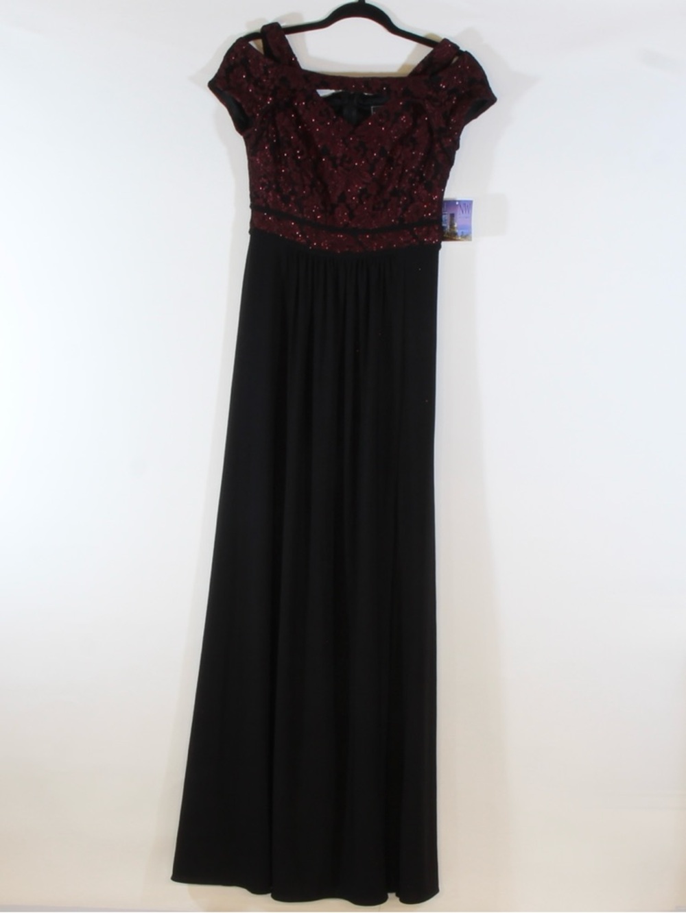 Night Way Collections Black Maxi Dress with Burgundy Sequin Bodice